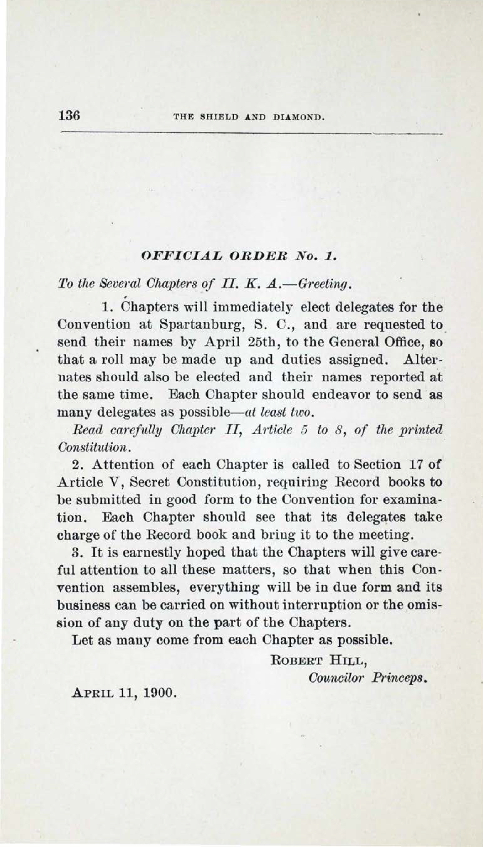 Official Order No.1, April 1900